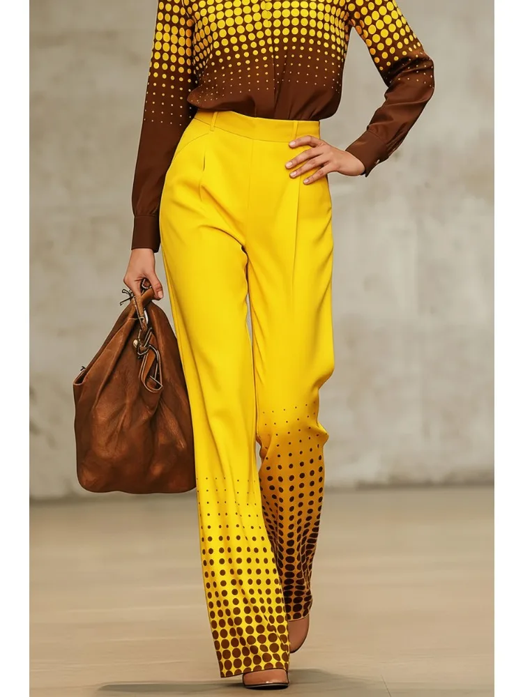 Bonboho Women's Yellow Gradient Polka Dot Pants 2026 Summer Fashion High Waist Wide Leg Full Length Trousers Casual Bottoms