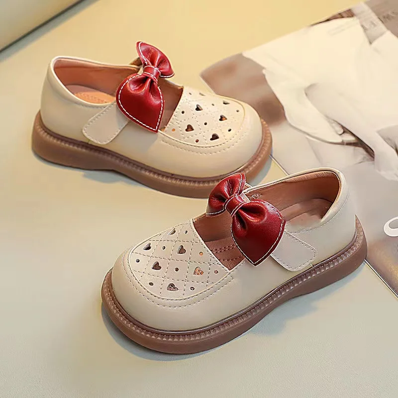 real photos Bowknot Children's Shoes 2024 Spring Autumn Summer Fashion Single Shoes Retro Hollow Girls Love Princess Shoes