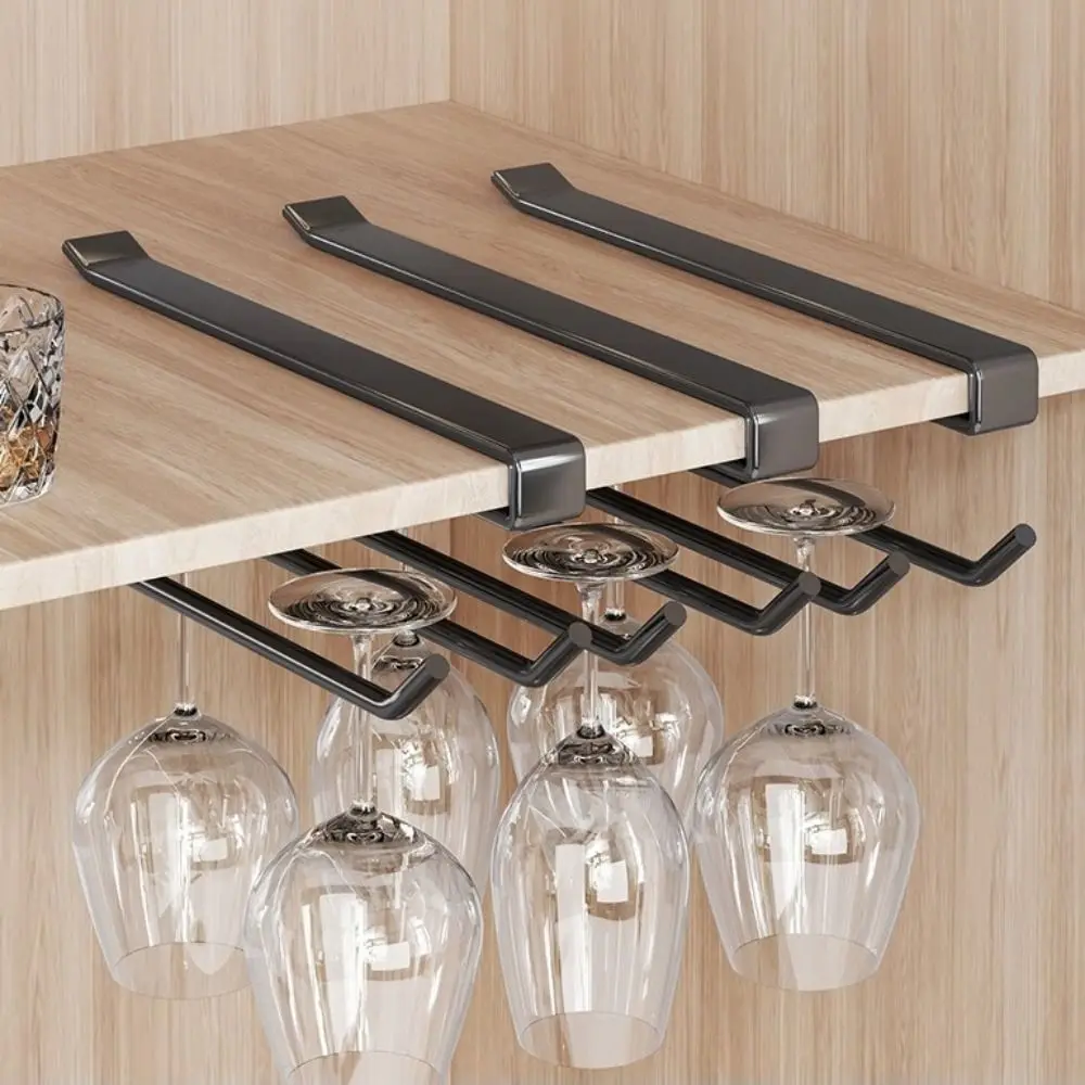 

Iron Under Counter Glass Storage Rack Wall Mounted No Drill Wine Glass Rack Space Saving Upside Down Cup Rack for Kitchen