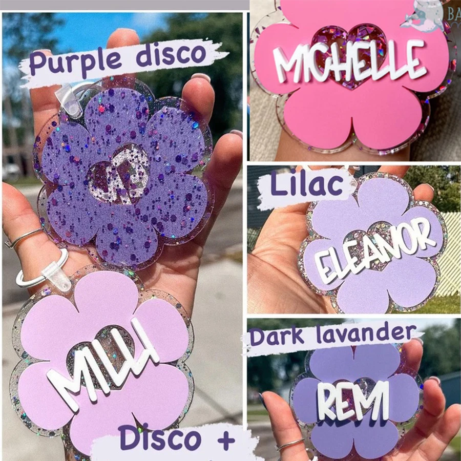 Cute Colored Flower 7cm Acrylic Custom Name Keychain Flashing Bottom Plate 3D Name Tag Personalized Bag Charm Label Accessories