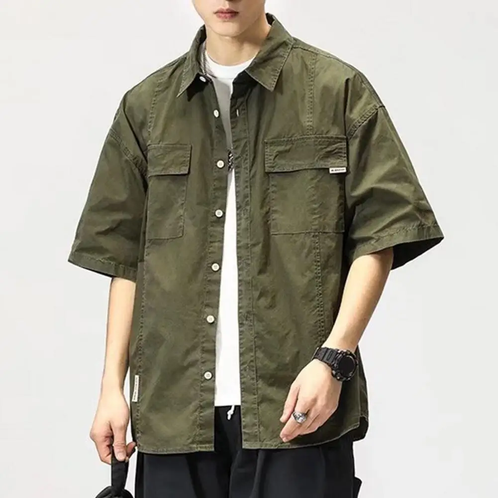 Men Cargo Shirt Hip-hop Turn-down Collar Short Sleeves Single-breasted Summer Loose Male Shirt Men\'s Clothing camisa masculina