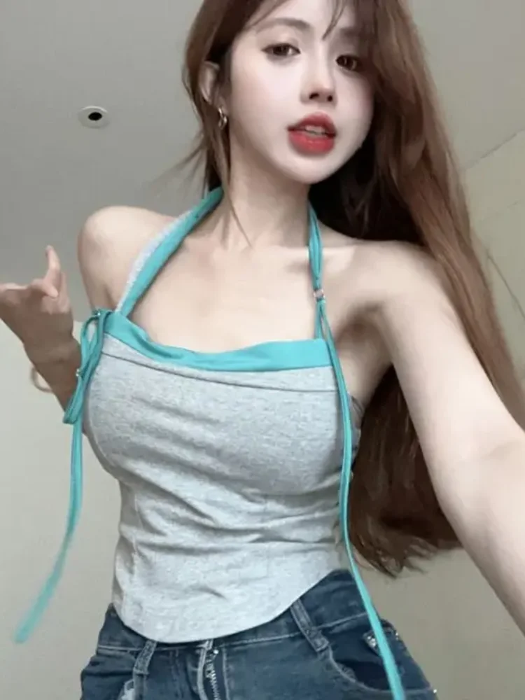 Y2K Harajuku estilo menina picante retrô cor contrastante sexy colete de corte baixo primavera e outono irregular tendência feminina tops de colheita emo