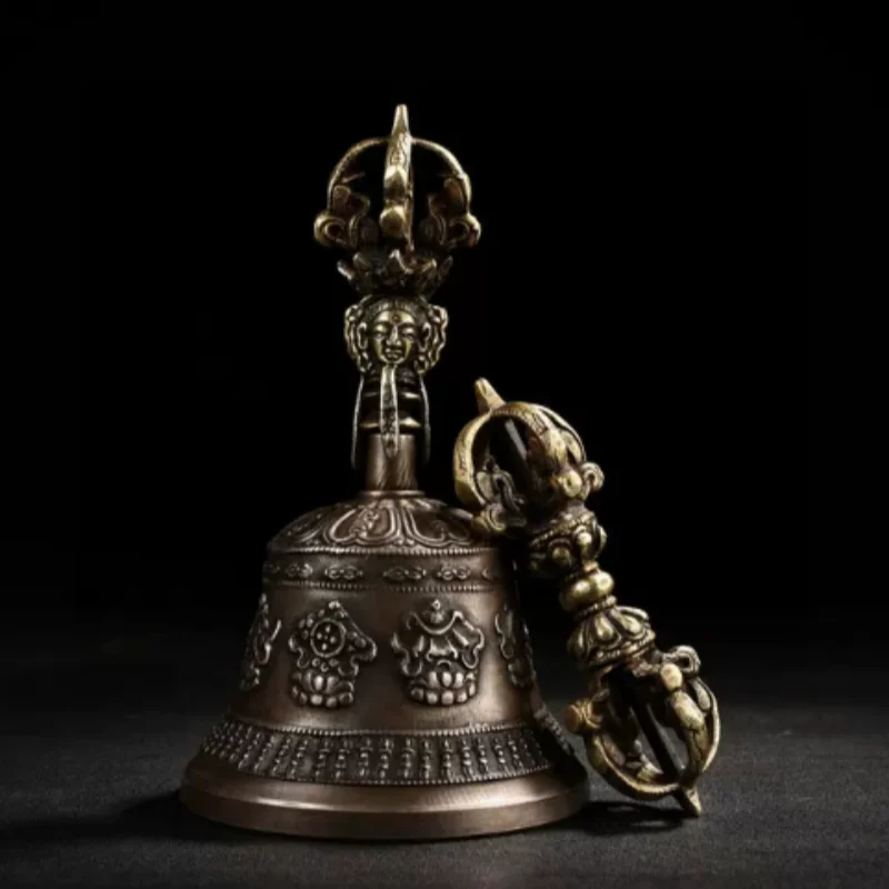 Nepalese Five Strand Bronze Vajra & Bell Set - Tibetan Buddhist Ritual Dorje Antique Style Meditation Artifact & Zen Altar Decor