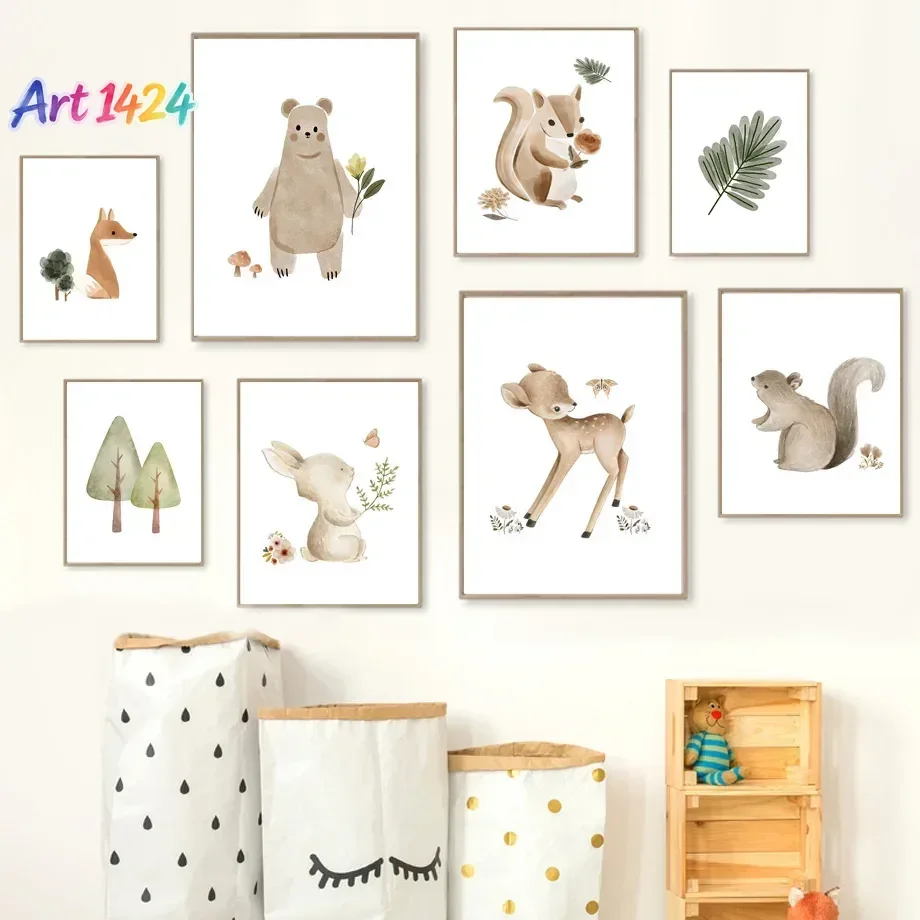 Woodland Animal Nursery Wall Art Neutral Forest Creature Canvas Prints Bear Fox Deer Squirrel Rabbit Posters Kids Bedroom Dec