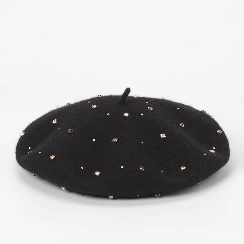 

Women Fashion Wool Beret With Hand Sewing Beads and Artificial Diamonds