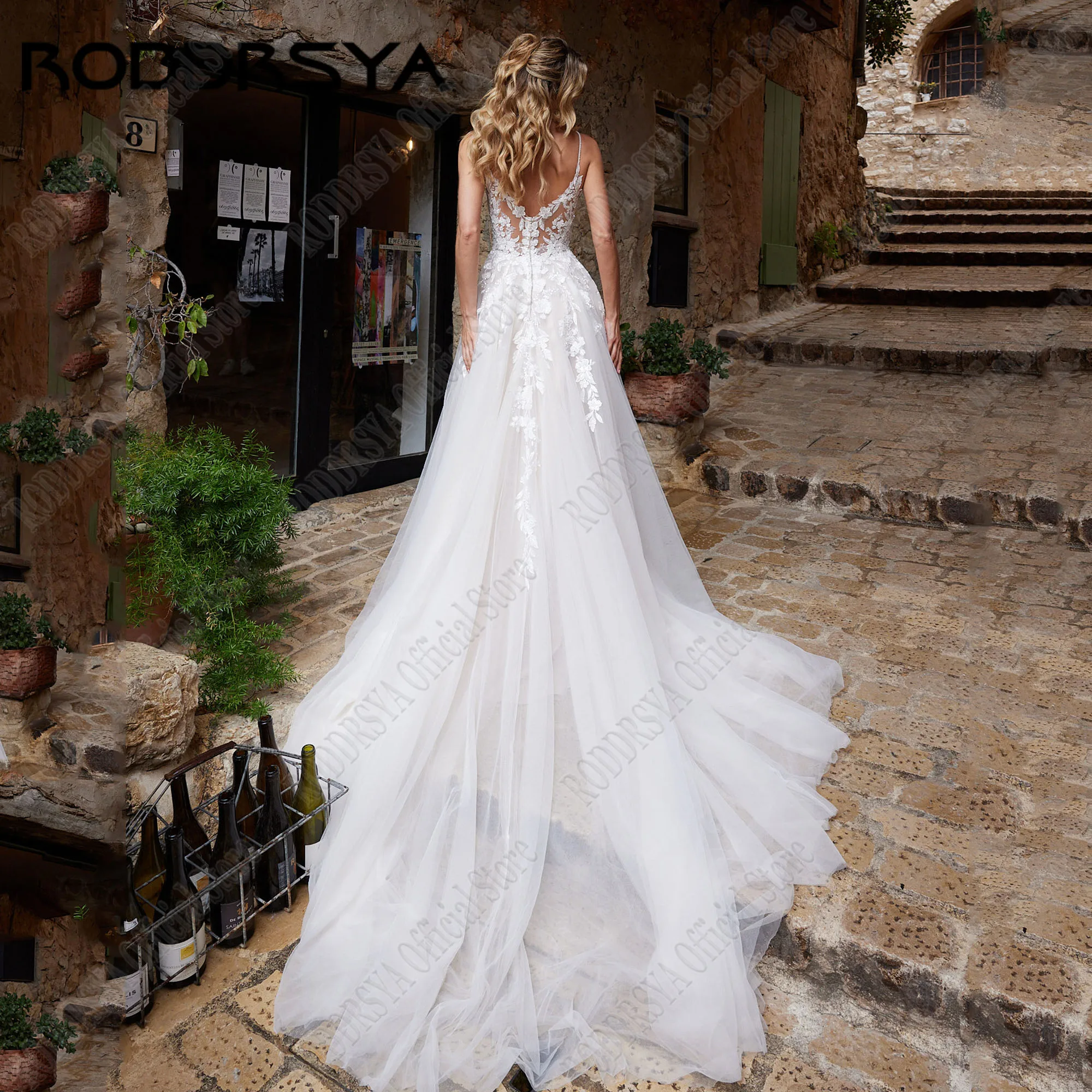 RODDRSYA-Vestidos De Novia bohemios De encaje con cuello en V, tirantes finos, línea A, Espalda descubierta, vestido De fiesta De Novia sin mangas De tulVestido de novia de estilo bohemio con encaje roddsya, correa de