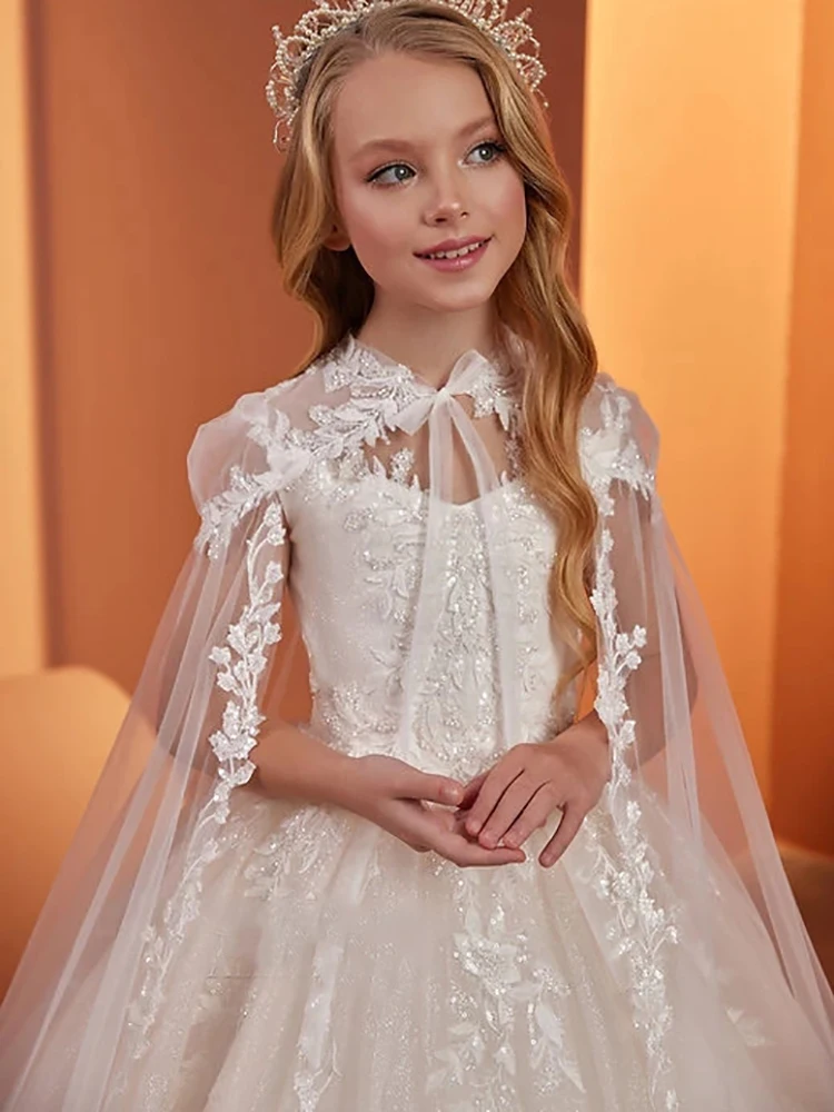 Robe de demoiselle d'honneur en tulle de dentelle pour mariage, robe de mariée avec cape, princesse élégante, première communion, anniversaire, quoi que ce soit, 2024