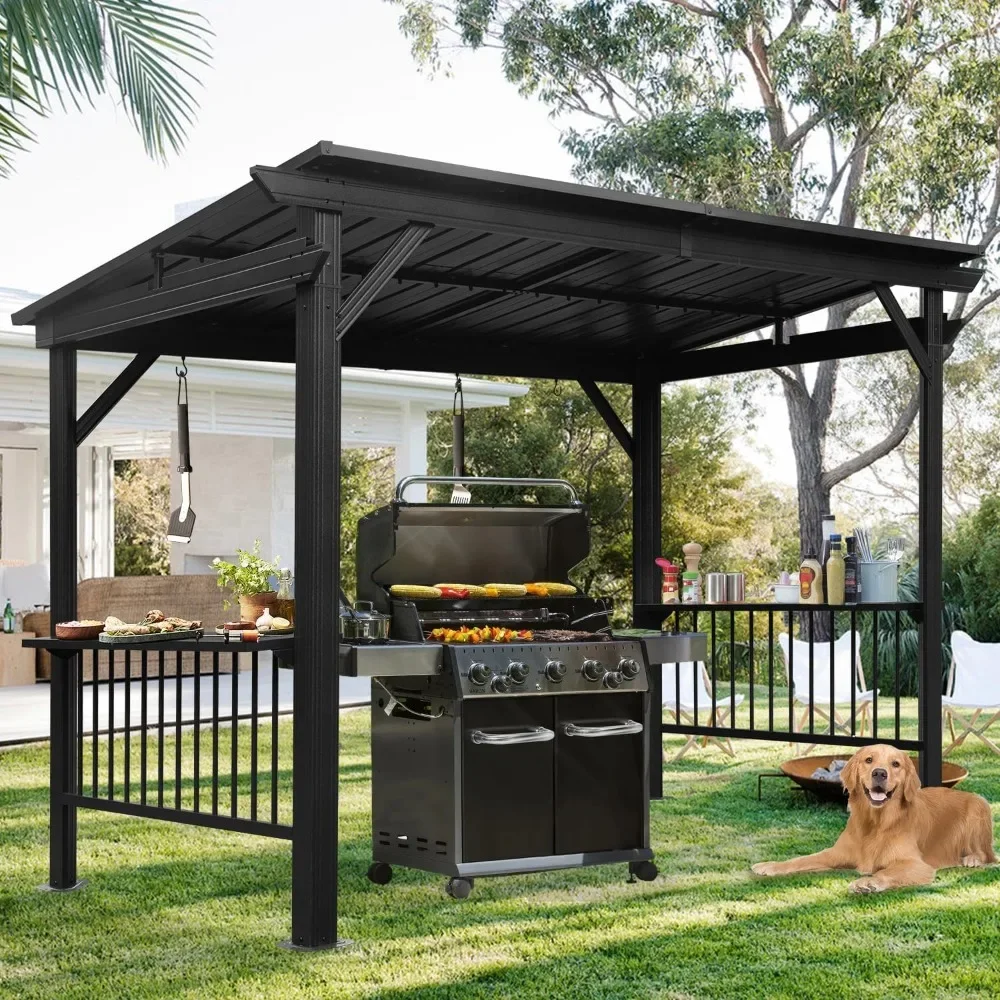 

6.5x12FT Hardtop Grill Gazebo, Outdoor BBQ Gazebo with Galvanized Steel Sloping Roof, Metal Permanent Sun Shade Grill Canop