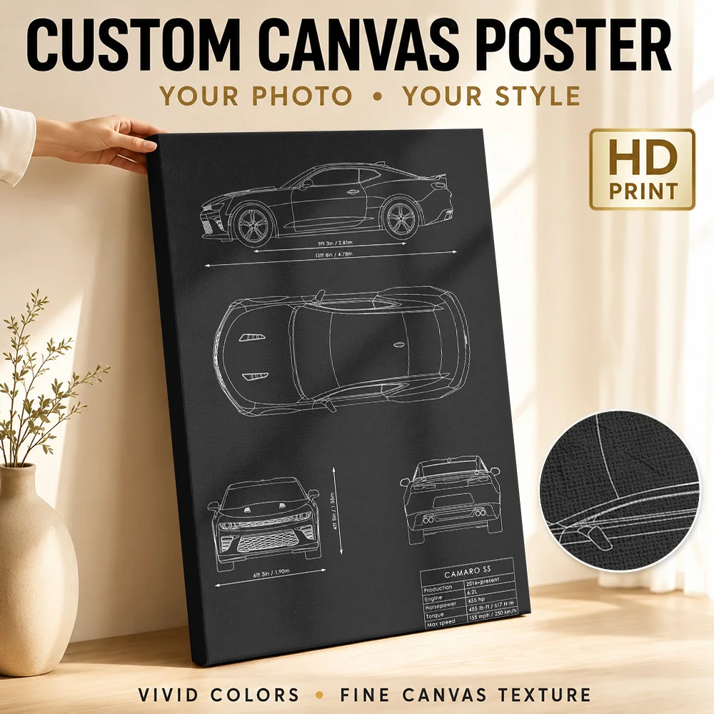 American Camaro Black Sports Car Framed Canvas Posters Retro Style Wall Art With Customized Photo For Studio Ideal Driver Gift