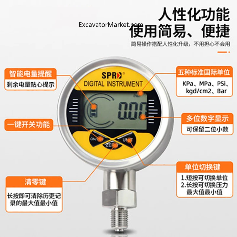 Hydraulic Oil Pressure Gauge Testing Pressure Detector Precision Pilot Digital Display  Gauge Hydraulic Pr excavator Parts