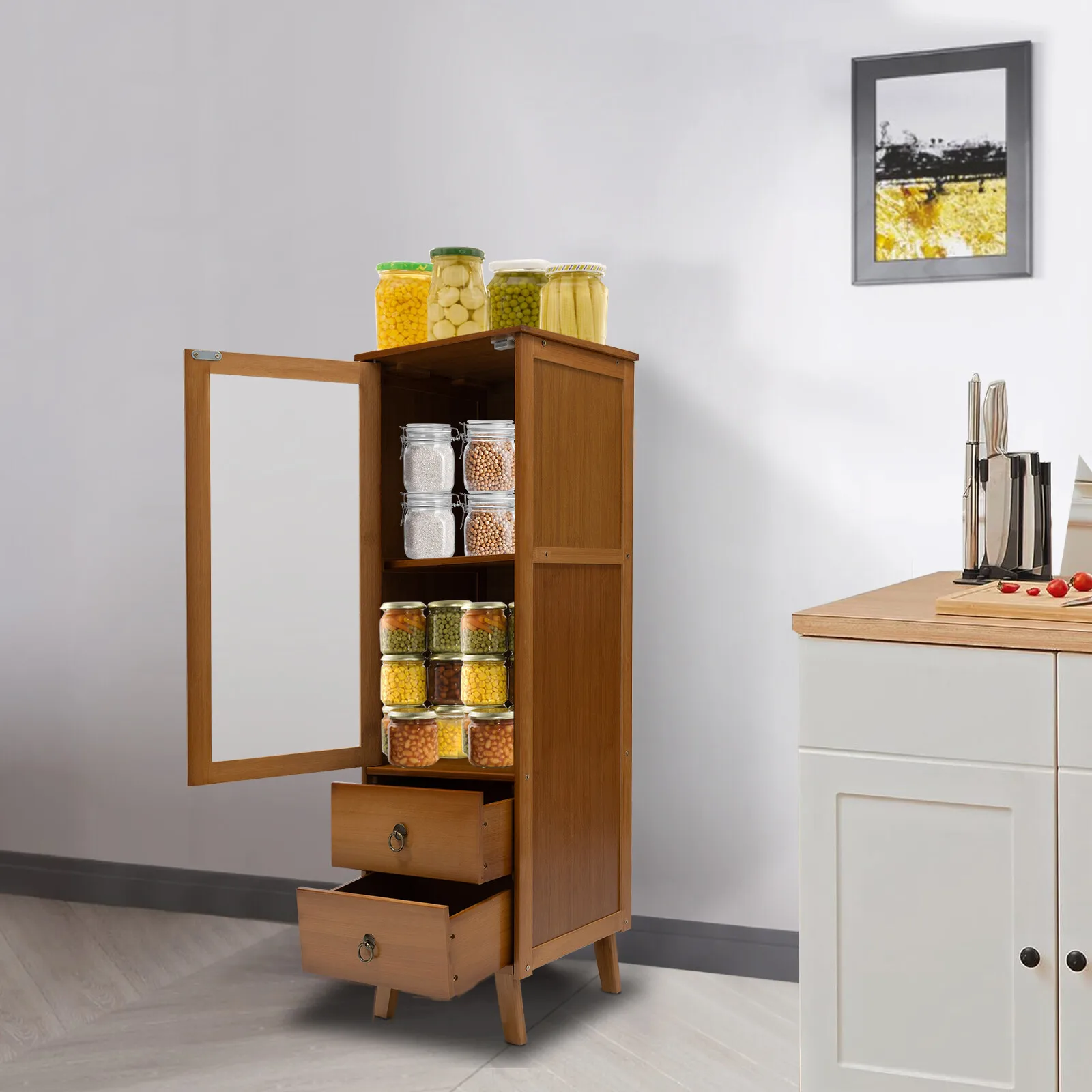 

Bamboo Wooden Floor Cabinet 12.6*11.4*38.4in Kitchen Dining Room Side Storage Organizer