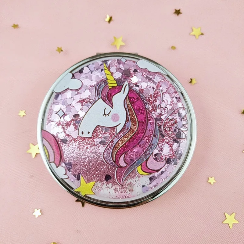 

GU389 Mini Unicorn Makeup Mirror Compact Pocket Mirror Portable Double-Sided Folding Cosmetic Mirror Gifts With flowing sparkl