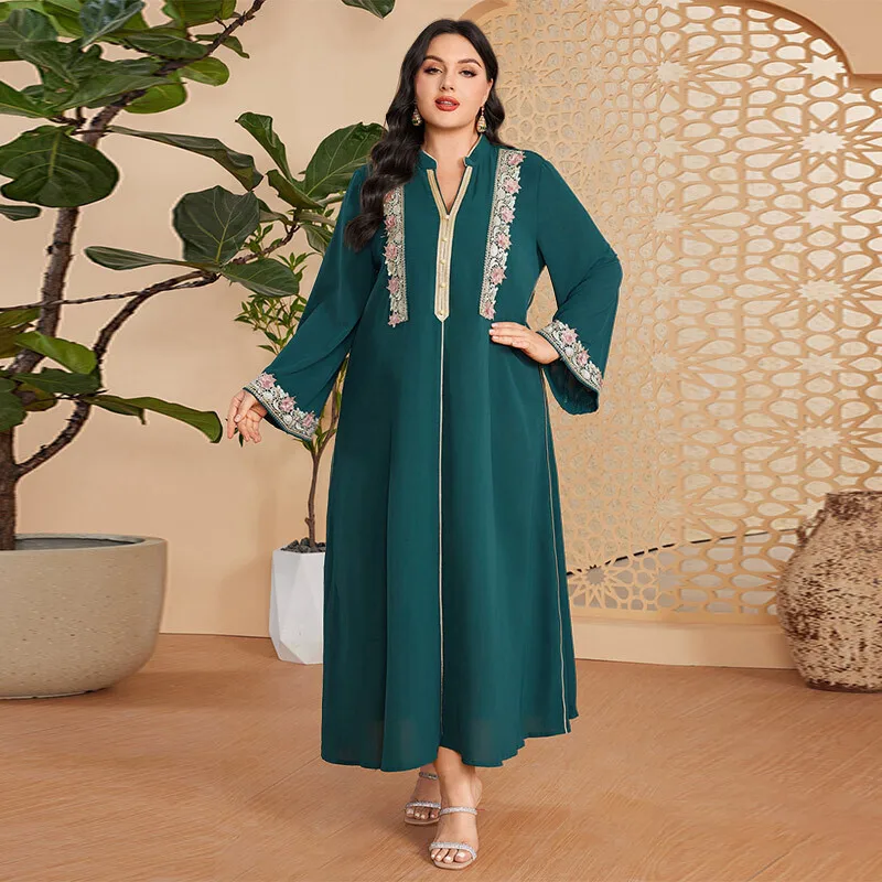 DD23033 Muslim new V-neck ice silk wrinkled loose long sleeved dress robe