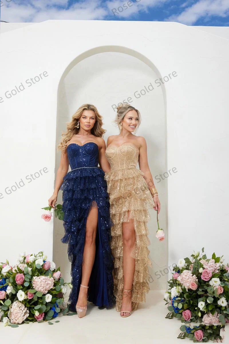 Elegante Azul Prom Vestidos Lantejoulas Mulheres Vestido de Noite Sem Mangas Tiered Lace Personalizado Lado Split Partido vestidos de fiesta Desgaste