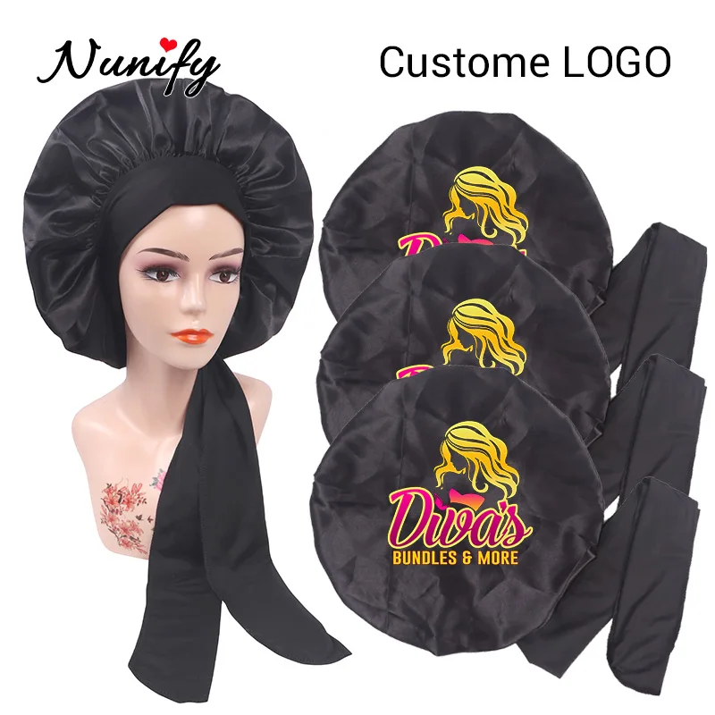 Personalizar Cetim Bonnet com Logo, Jumbo Silk Hair, Bonnet para dormir, Stretchy Tie Band, Long Curly Braid Hair, 10pcs