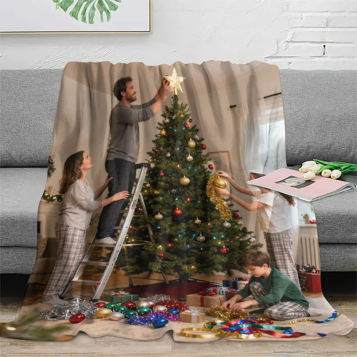 قطعة واحدة من بطانية الفانيلا المخصصة لصور عيد الميلاد العائلية - طباعة عالية الوضوح لا تتلاشى، خفيفة الوزن، دافئة، صديقة للبشرة، قابلة للغسل في الغسالة، مناسبة لأرائك غرفة المعيشة، وسرير غرفة النوم، وبوليستر عالي الجودة عالي الجودة بنسبة 100% - مناسبة لأفراد عائلة عيد الميلاد