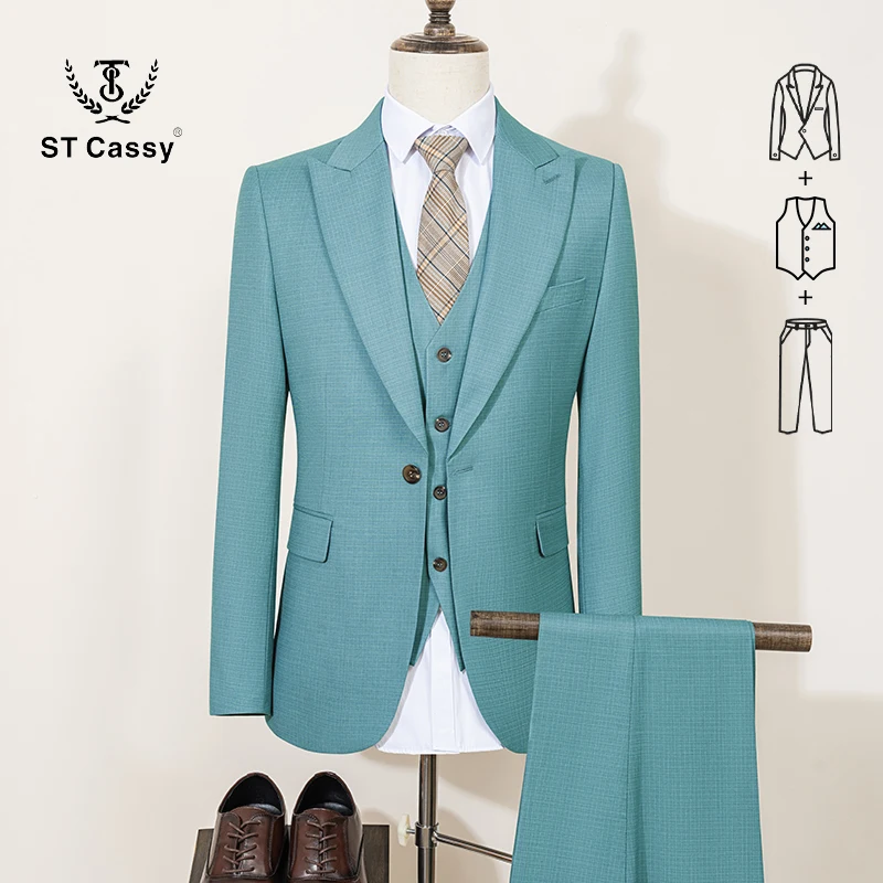 Costumes complets pour hommes, élégants, d'été, fins, respirants, vert clair, coupe ajustée, formels