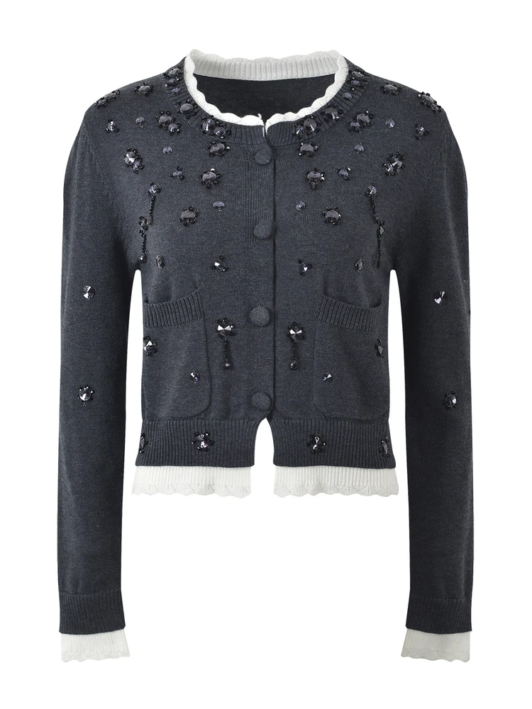 High-End European Gray System Knitted Short Cardigan Design Sensation Fake Two-Piece Grey Beaded Long Sleeve round Neck Top view 4