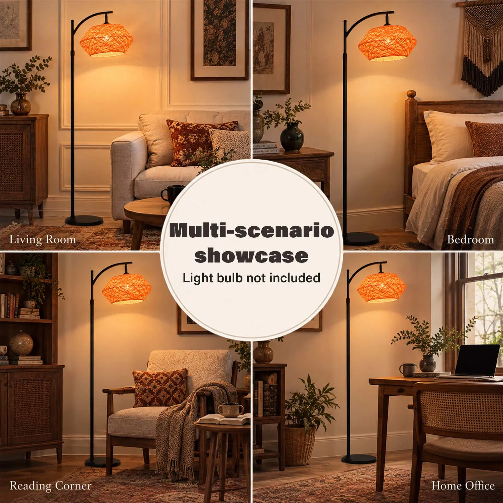 Floor Lamp, Orange Diamond Woven Rattan Shade, Black Pole, Boho Bedroom Reading Corner