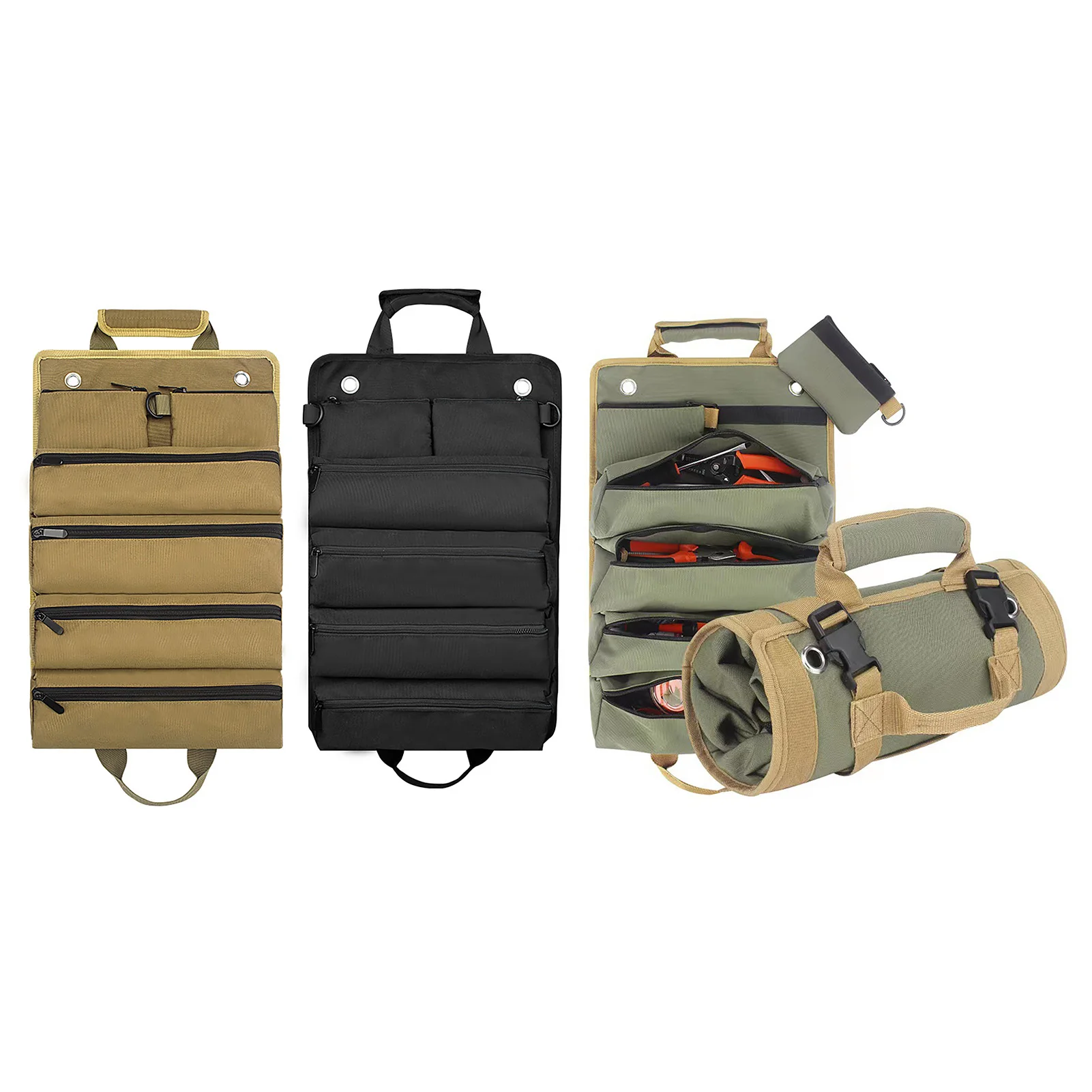 Roll Up Tool Organizer Hardware Tool Bag Portable  Tool Organizer Oxford Cloth Storage Bag with 2 Detachable Pouches
