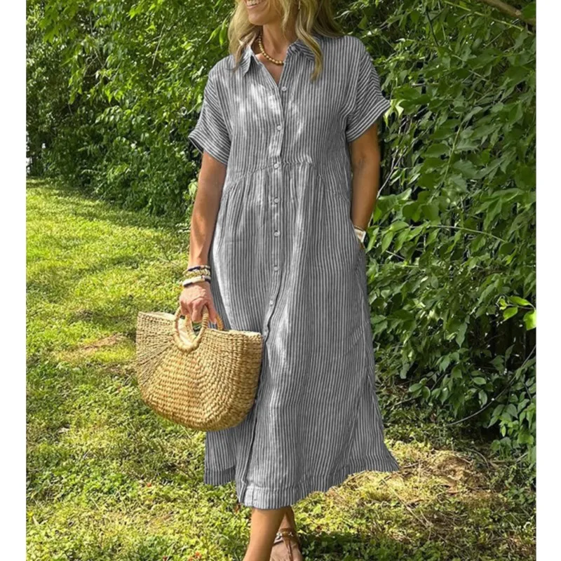 

New 2025 Loose Stripe Print Shirt Dress Casual Short Sleeve Long Dresses Office Fashion Elegant Simple Colorful Women's Clothing