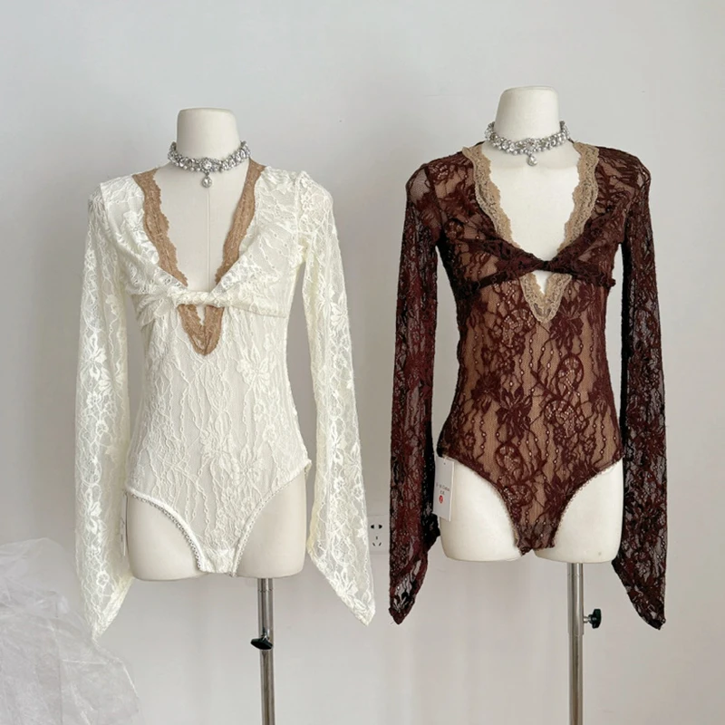 

Кружевные комбинезоны, эластичные топы с длинными рукавами спереди, крест-накрест, вышивка, цветочные топы, сексуальные модные комбинезоны с глубоким v-образным вырезом