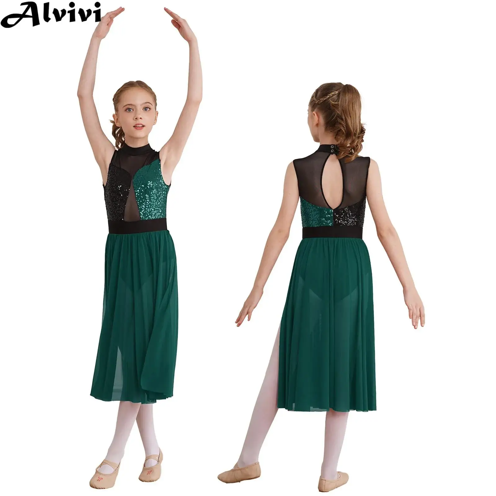 Girls Modern Lyrical Dance Dress Ballet Figure Skating Gymnastics Leotard Dancewear Sleeveless Sequin Side Split Mesh Dresses