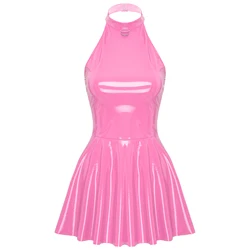 Womens Latex Swing Skirt Disco Dress Glossy Patent Leather Clubwear Halter Sleeveless Skater Mini Dress Rave Party Clubwear