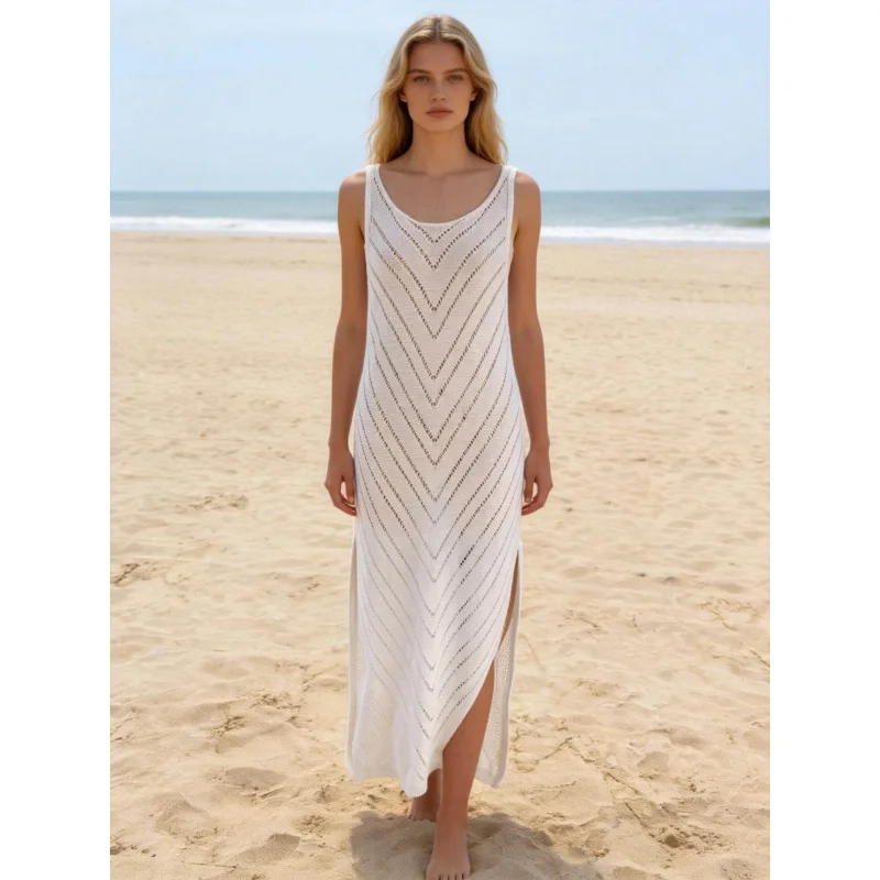 

Knitted Beach Cover-Up Dress Women V Hollowed-Out Sleeveless Long Dress Summer Vacations And Seaside