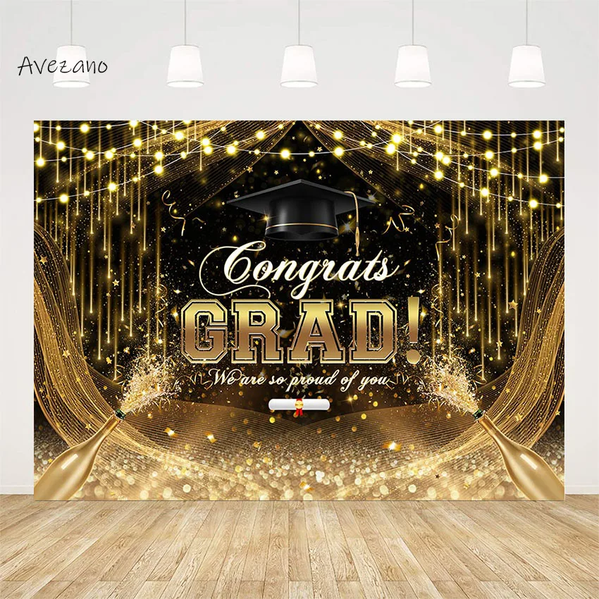 Avezano Graduation Backdrop Photography Congrats Grad Hat Champagne Golden Glitter Child Party Background Photo Studio Decor