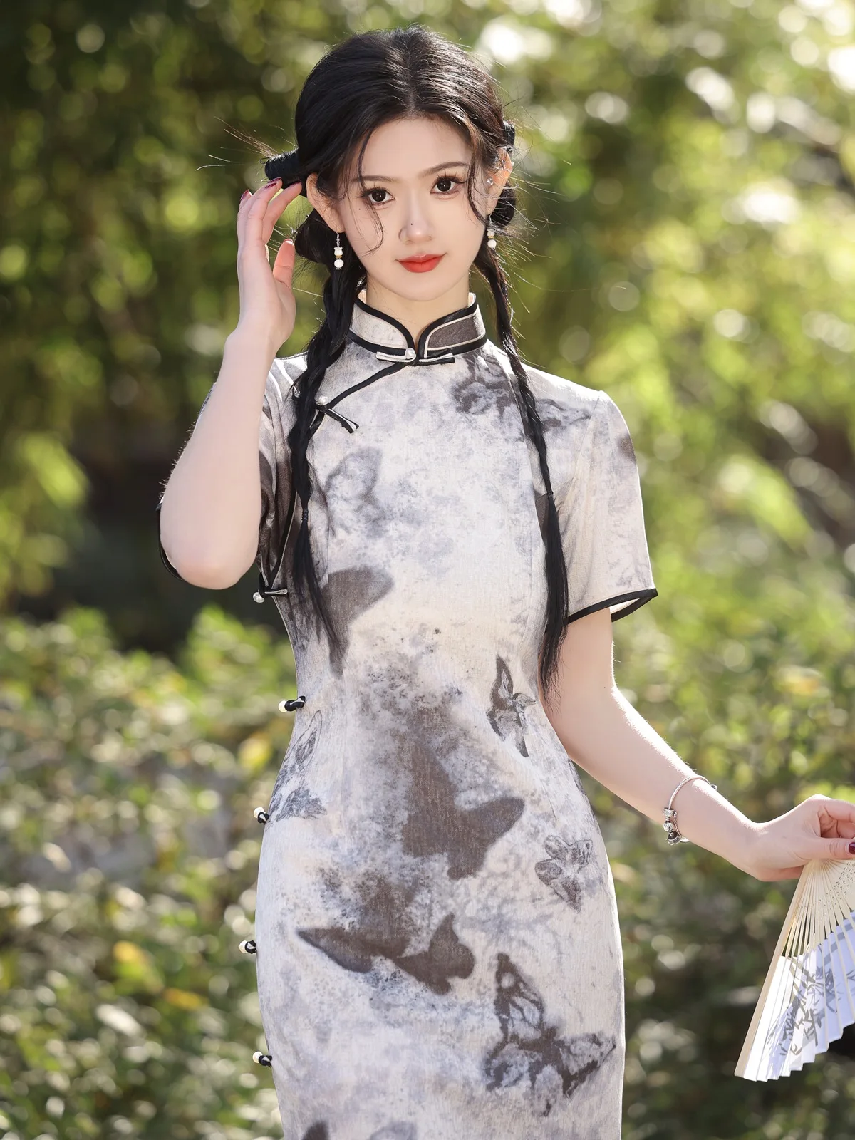 Young Elegant Shu Fan Girl Silk Linen Long Cheongsam Spring and Summer New Chinese Short Sleeve Daily Wearable