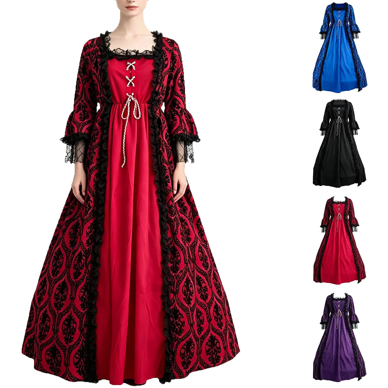 Vestido Medieval Gótico Victoriano para Mujer, con Encaje, Mangas Acampanadas, Cintura Ajustada, Estilo Corte Real, para Espectáculos, Halloween, Cosplay