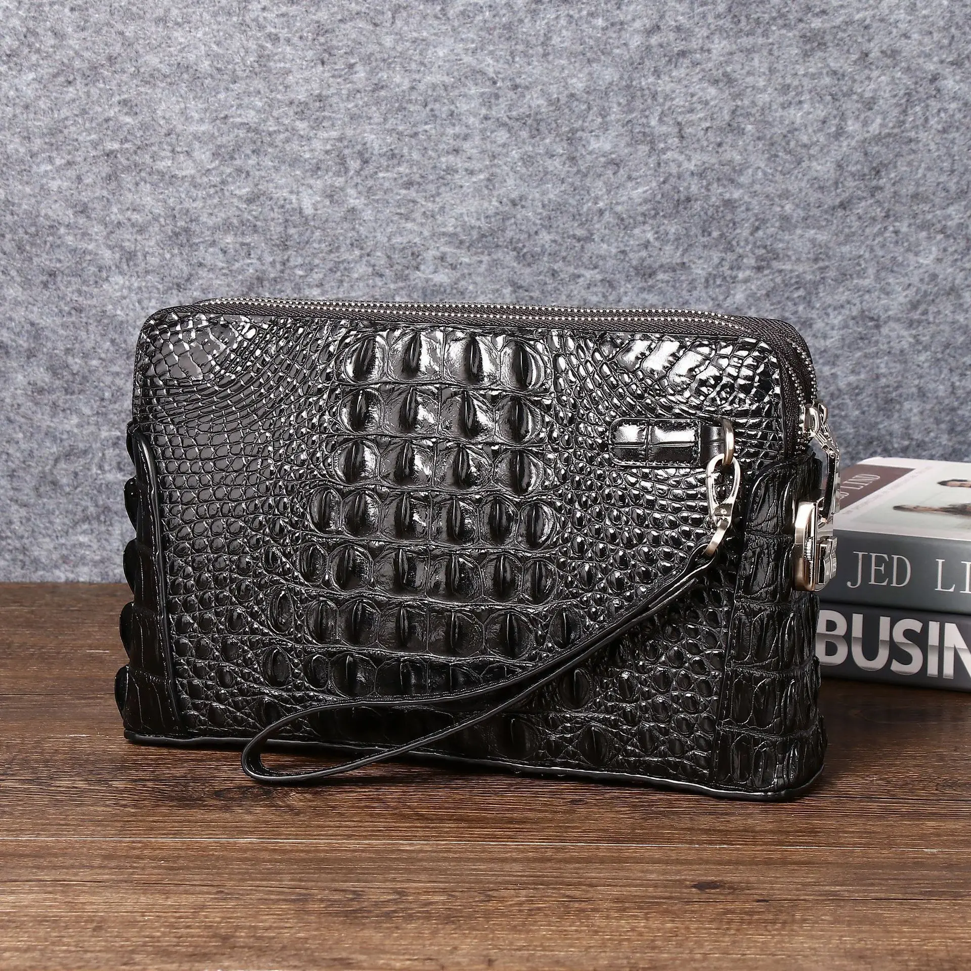 New Crocodile Bone Pattern Mens Double Zipper Handbag Business Clip Bag Large Capacity Password Lock Wallet Men's Handbag Wallet