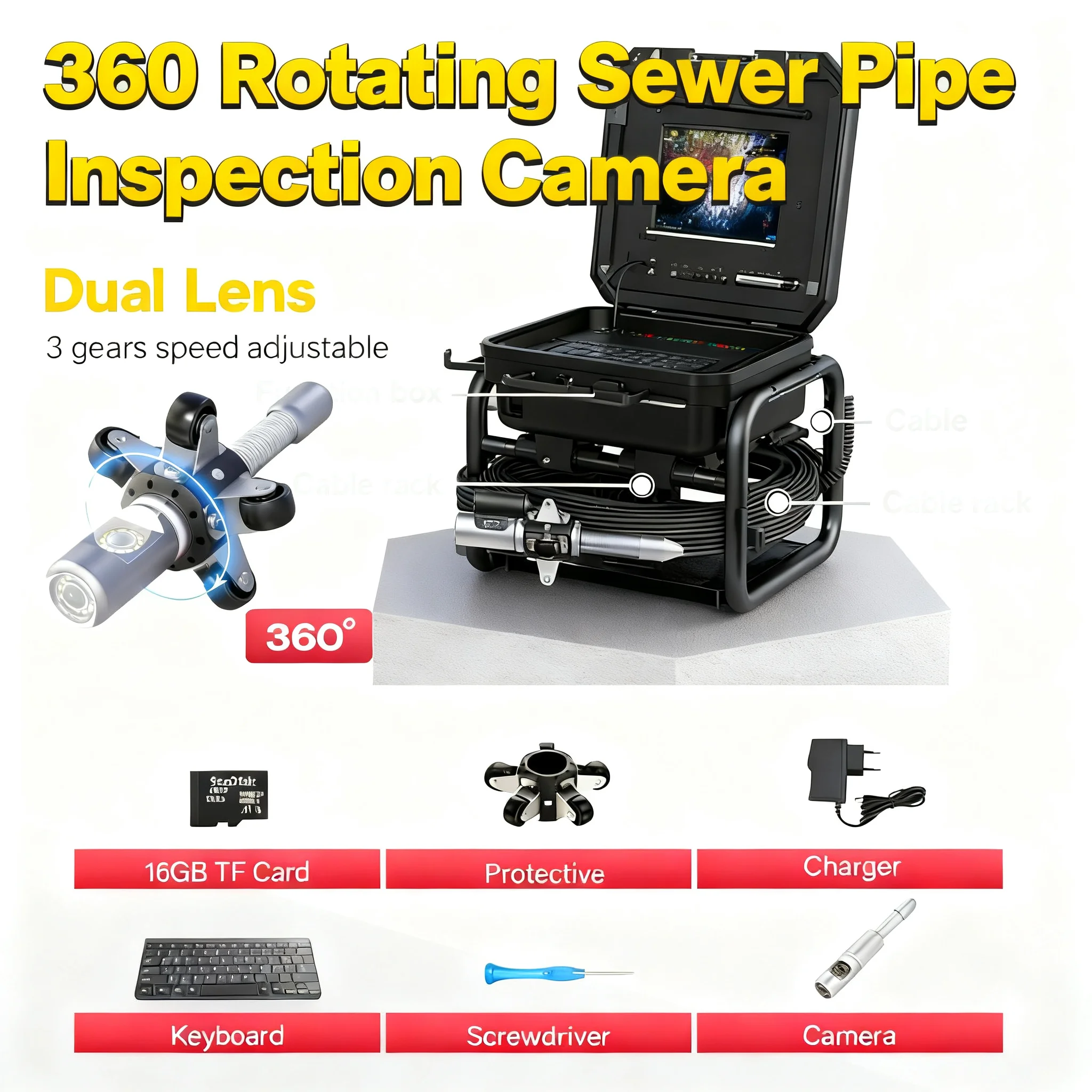 Sewer Pipe Inspection Camera Waterproof 360° Panning Night Vision with Dual Lens 3 Speed 512Hz Transmitter
