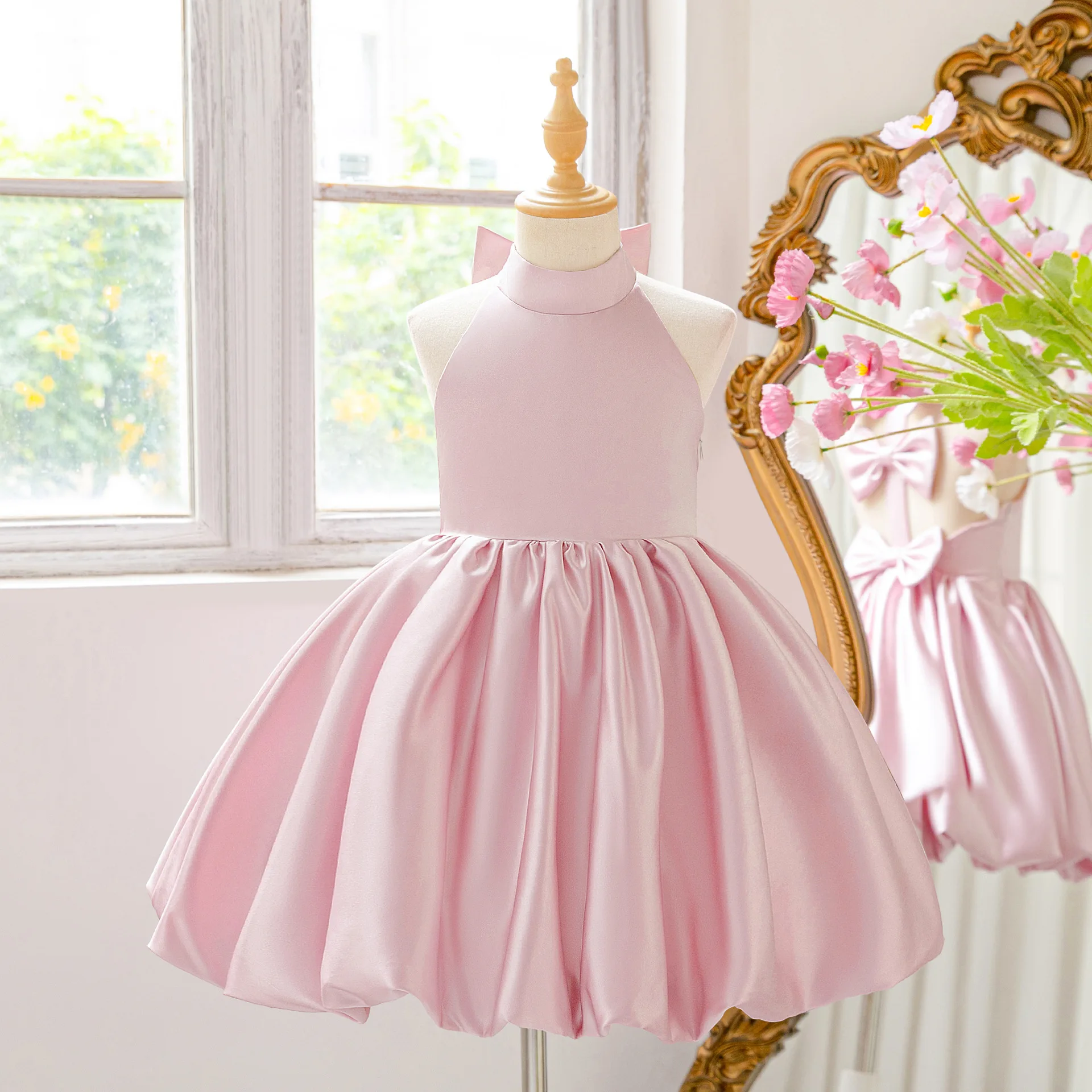 Girls Formal Dress Halter Puffy Tulle Princess Dress Bow Backless Flower Girl Wedding Party Birthday Dress Pink Gown Costume