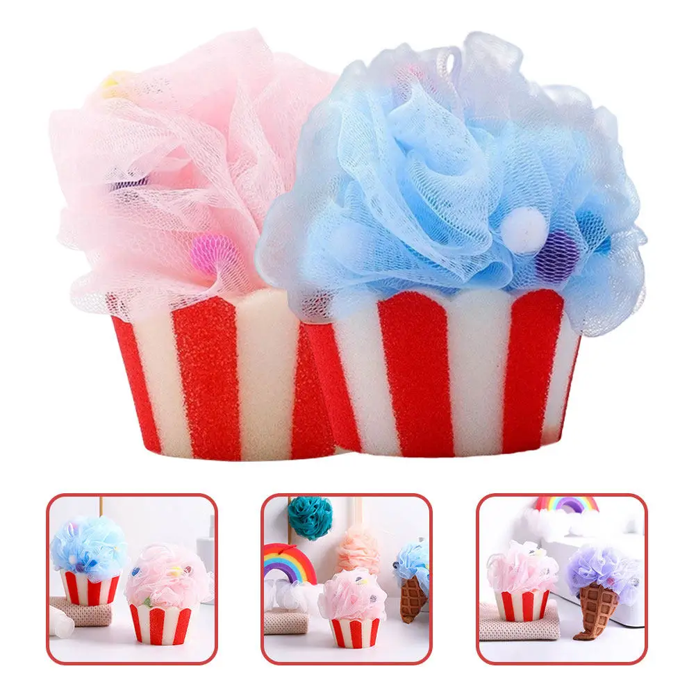 

4Pcs Bath Sponge Cute Cartoon Ice Cream Design Shower Mesh Ball Gentle Skin Care Bathing Tools Travel Friendly Mini Loofah