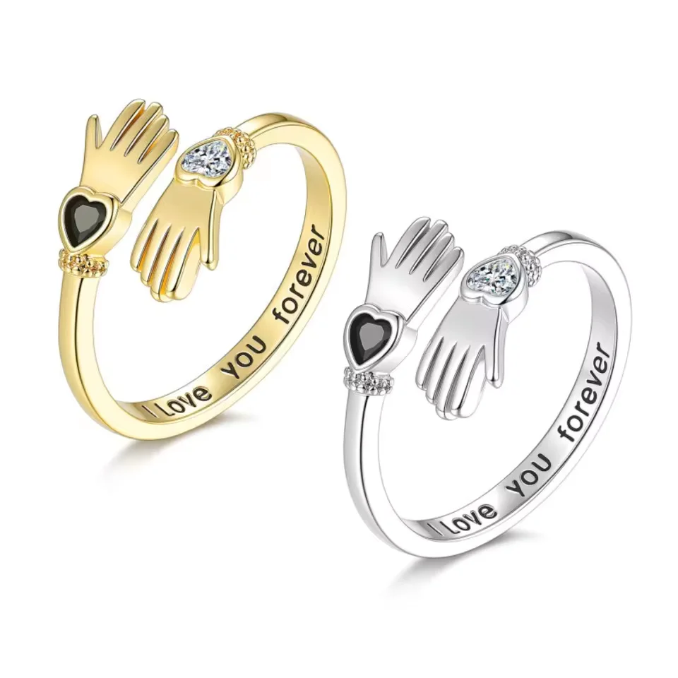 Luxury Romantic Forever Love Embrace Hand Multi-color Heart Zircon Adjustable Opening Rings for Women Sweet Couple Jewelry Gifts