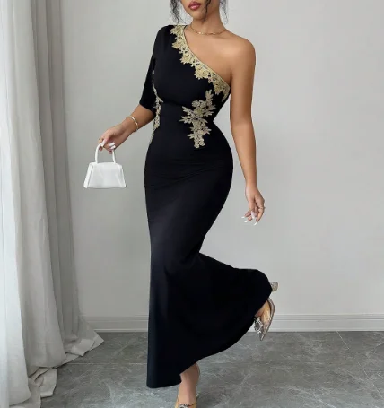 Women Dress 2026 Spring New Fashion Embroidered Slanted Collar Off Shoulder Short Sleeve Slim Fit Temperament Long Dress