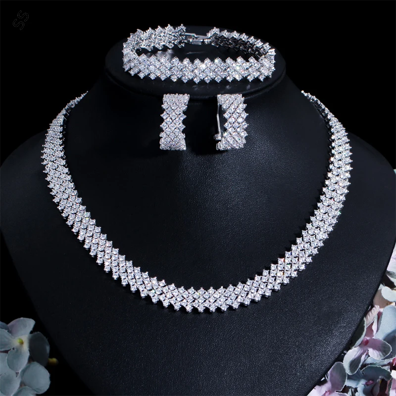 White Gemstone Zircon Jewelry Sets Necklace Earring Bracelet 3 Pieces Sets for Women's Garment Accessories  Multi-layer Chain