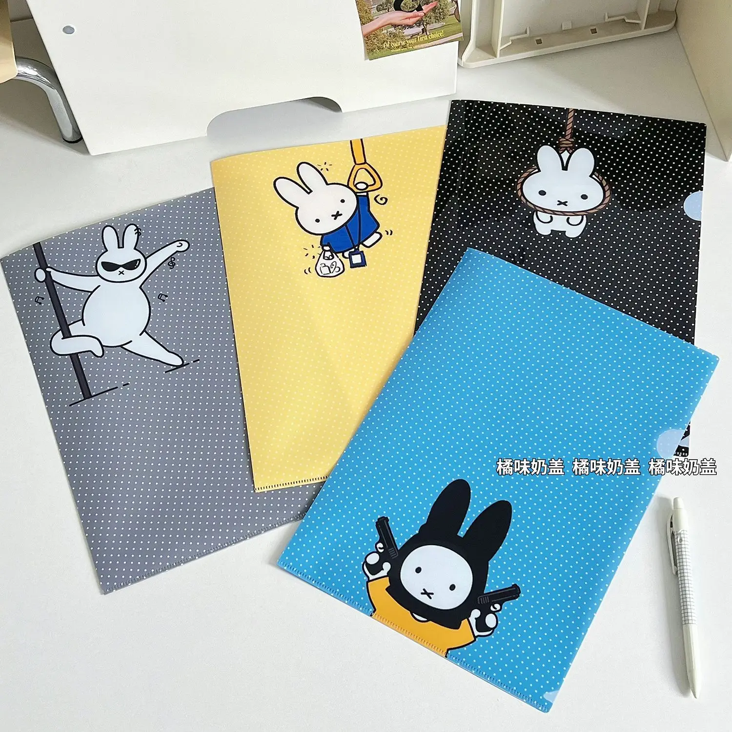 Kawaii Miffy Folder Cute Cartoon Miffy L-shaped Folder Korean-style Polka Dot A4 File Bag Thick Test Paper Storage Bag