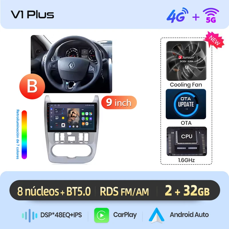 Junsun draadloze CarPlay Android Auto autoradio voor Renault Logan 1 Sandero 2009-2013 auto intelligente systemen BT FM Spaans lokaal