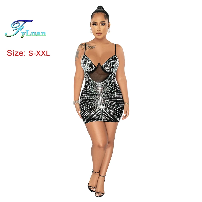 2025 Luksusowa sukienka z gorącymi cyrkoniami Kobiety Bodycon Slim Casual Suspender Short Skirt Deep V Neck Girl Dress Cocktail Prom Clothes