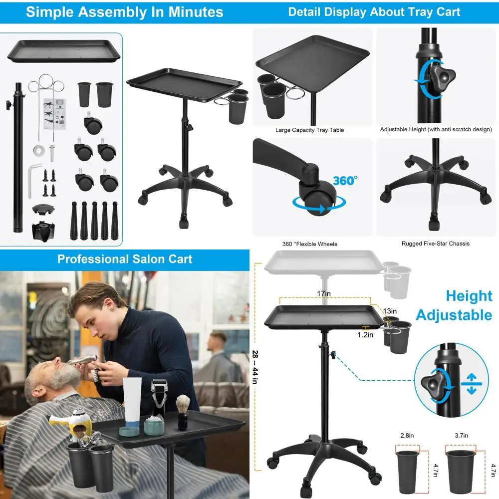 

Регулируемый по высоте передвижной столик для тату-мастеров и косметологов с подставкой для стакана - черный