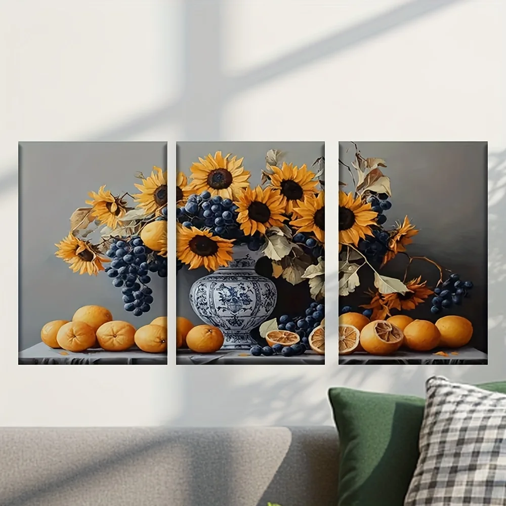 3pcs Set Unframed Canvas Art - Vibrant Sunflower & Orange Tabletop Scene, Classic Style Posters for Living Room, Office, Bar,