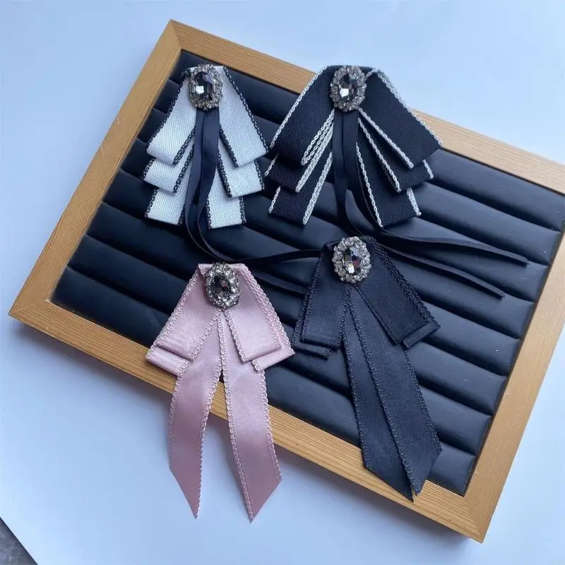 Stylish Ribbon Bowtie Brooch Pin With Rhinestones Detail Great For Dresses Jackets And Blouse Decorative Accessories Y166
