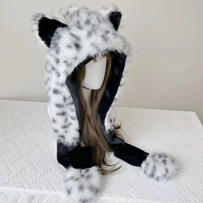 ﻿ Niedliche Winter-Plüschmütze mit Ohren-Schnee-Leopardenmuster, Y2k-Mädchen, Radfahren, Gehörschutz, verdickte flauschige Hüte, winddichte Beanie-Mütze