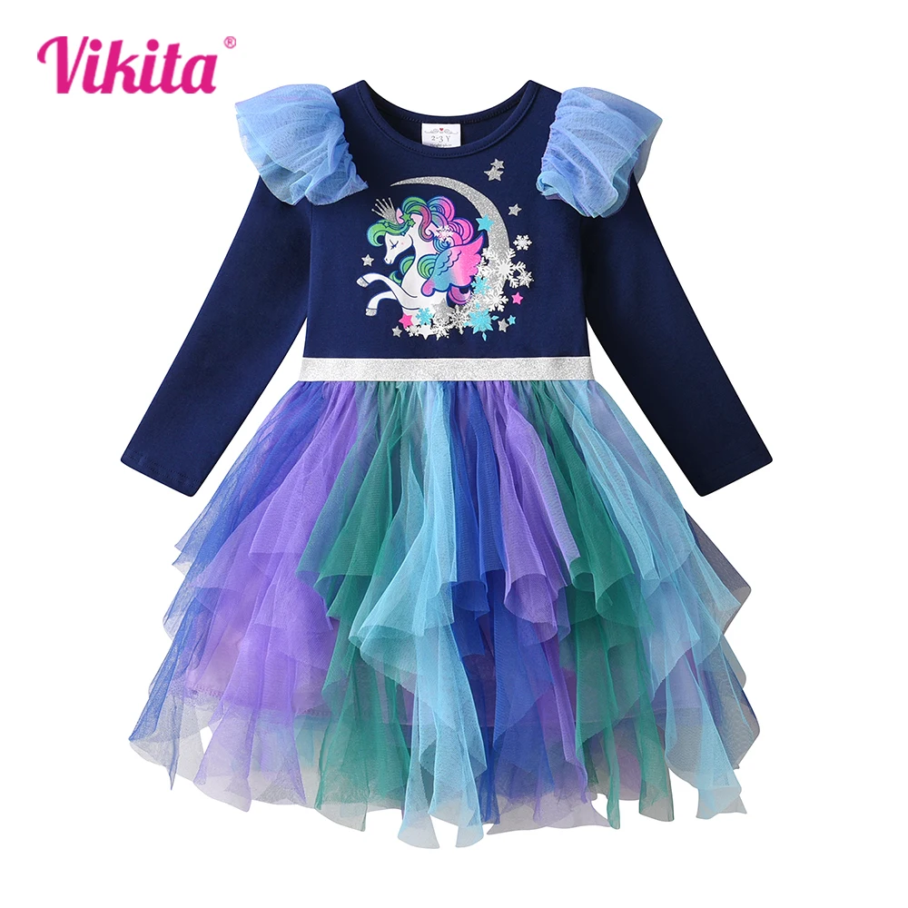 VIKITA Kids Patchwork Dress Girls Licorne Cartoon Print Autumn Spring Dresses Girls Mesh Tulle Layered Princess Tutu Dresses