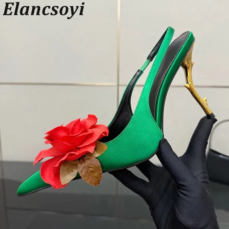 Banquet Shoes Pointed Toe Closed Toe Satin Sandals Summer Women Flower Decor Back Strap Thin High Heels Sandalias Dress Shoes
