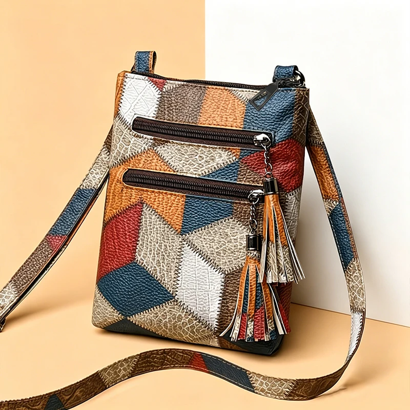 Color Block Vintage Rider Mini Crossbody Pouch Faux Leather Patchwork, Compact Sling Bag for Motorbike Outdoor Leisure Walks