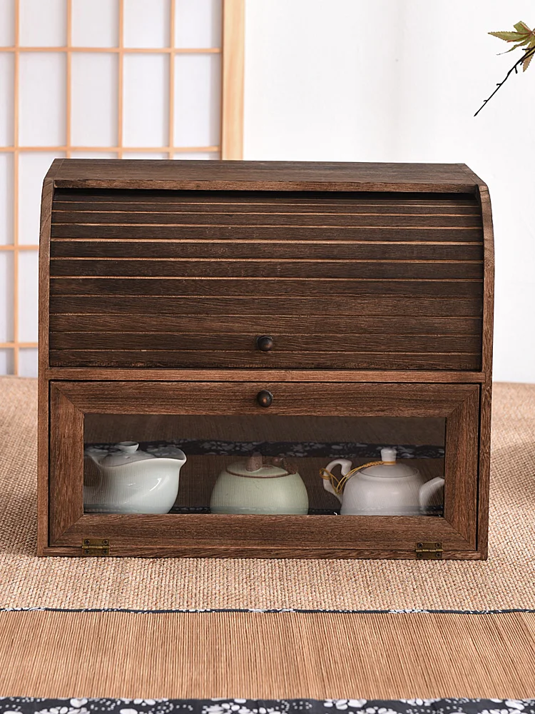 Solid Wood Dust-Proof Double-Layer Teapot Desktop Tea Cup Rack Storage Box Cosmetic Stationery Bread Snack Storage Cabinet